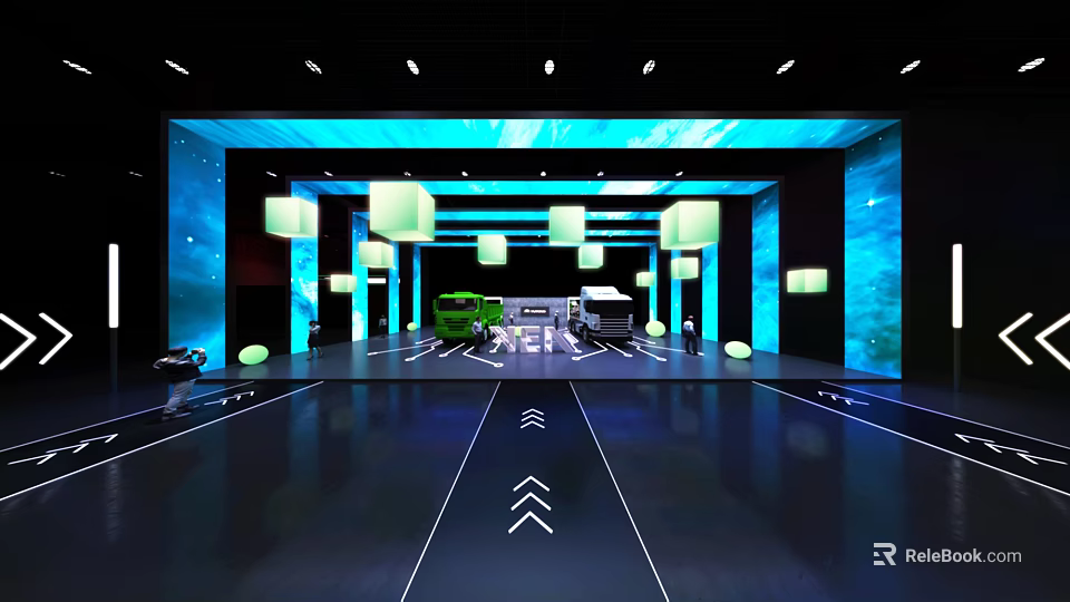Modern Vehicle Showroom With Blue Large Screens White Cube Lights And Floor Arrows 3d model 