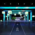 Modern Vehicle Showroom With Blue Large Screens White Cube Lights And Floor Arrows