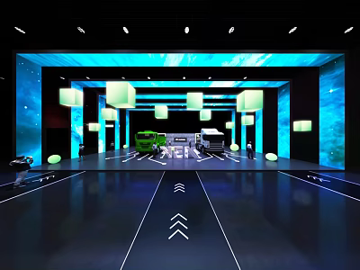 Modern Vehicle Showroom With Blue Large Screens White Cube Lights And Floor Arrows 3d model