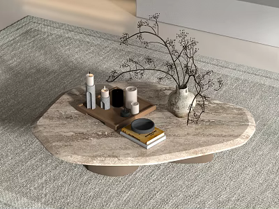 Marble Coffee Table In Irregular Shape With Tray Candles Vase Dried Branches And Book 3d model