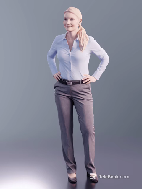 Confident Business Woman In Light Blue Shirt And Gray Pants Standing With Hands On Hips 3d model 