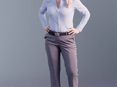 Confident Business Woman In Light Blue Shirt And Gray Pants Standing With Hands On Hips 3d model