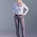 Confident Business Woman In Light Blue Shirt And Gray Pants Standing With Hands On Hips