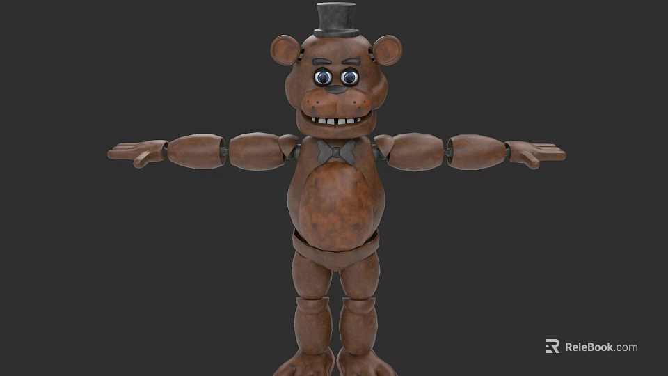 Animatronic Bear Game Character With Brown Fur Top Hat Bow Tie And Mechanical Joints 3d model 