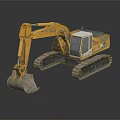 Yellow Tracked Excavator Machinery With Cab And Bucket On Reflective Surface