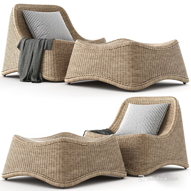 Comfortable Woven Rattan Outdoor Chair With Striped Cushion And Gray Blanket 3d model 