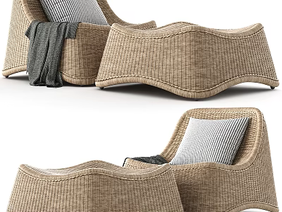 Comfortable Woven Rattan Outdoor Chair With Striped Cushion And Gray Blanket 3d model