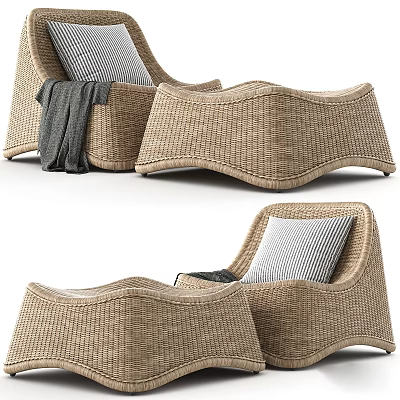 Comfortable Woven Rattan Outdoor Chair With Striped Cushion And Gray Blanket 3d model