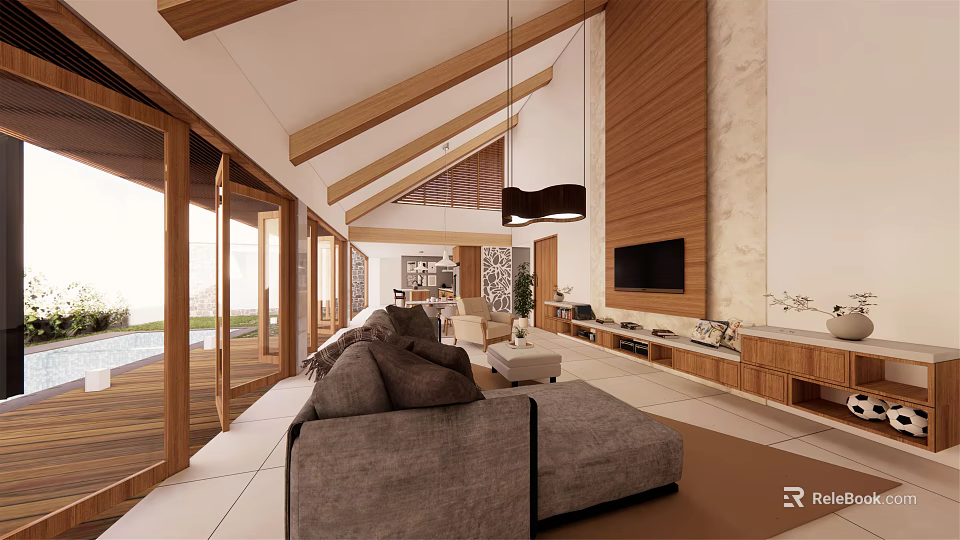 Modern Living Dining Room With Wooden Beams Gray Sofa And Large Windows 3d model 