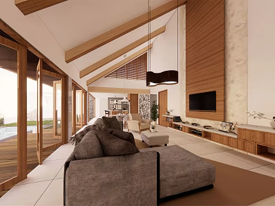 Modern Living Dining Room With Wooden Beams Gray Sofa And Large Windows 3d model