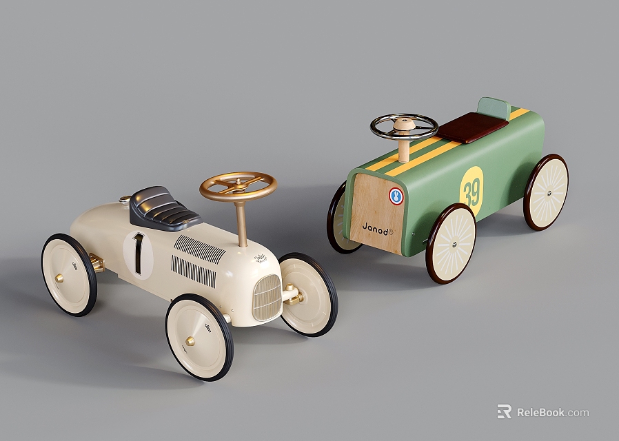 Vintage Style Electric Toy Cars With Green And Beige Design Steering Wheel And Number Details 3d model 