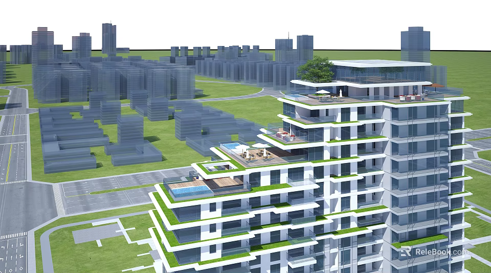 Modern Residential Building With Layered Balconies Green Gardens Swimming Pool And Urban Terrace 3d model 