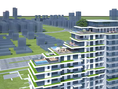 Modern Residential Building With Layered Balconies Green Gardens Swimming Pool And Urban Terrace 3d model