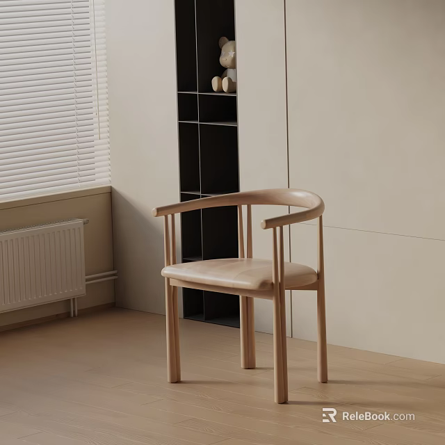 Light Colored Wooden Leisure Chair With Curved Armrests And Leather Cushion In Minimalist Indoor Setting 3d model 