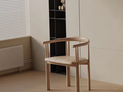 Light Colored Wooden Leisure Chair With Curved Armrests And Leather Cushion In Minimalist Indoor Setting 3d model