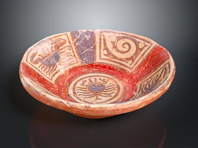 Intricate Traditional Sculpted Bowl With Handcrafted Geometric Patterns And Red Glaze 3d model