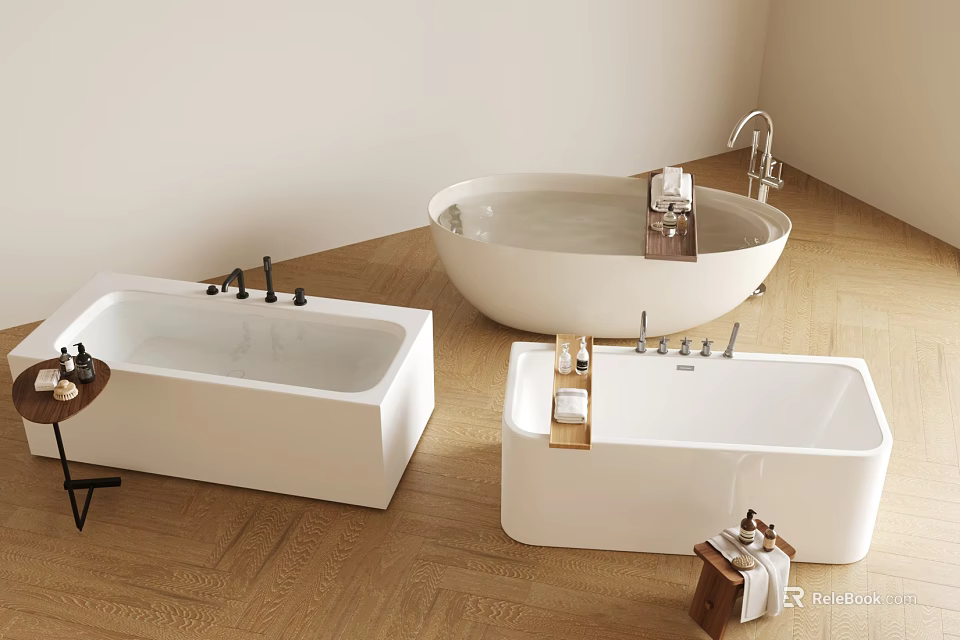 Modern White Bathtubs with Faucets on Wooden Floor Bathroom Design 3d model 
