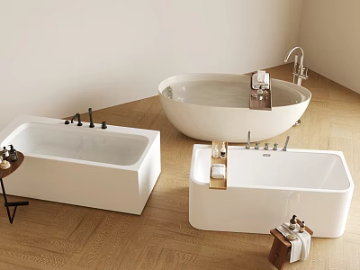 Modern White Bathtubs with Faucets on Wooden Floor Bathroom Design 3d model