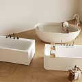 Modern White Bathtubs with Faucets on Wooden Floor Bathroom Design