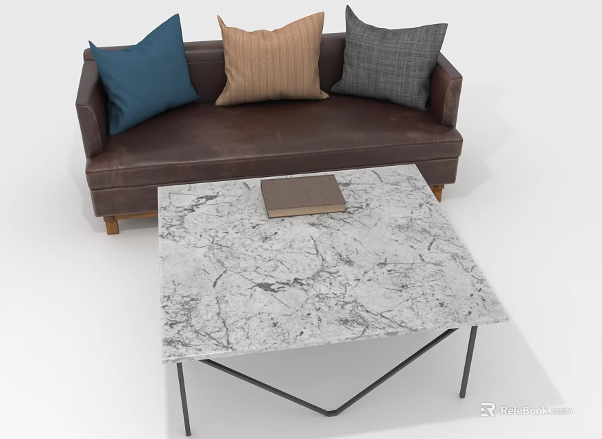 People Sitting On Brown Leather Sofa With Colorful Pillows And Marble Coffee Table 3d model 