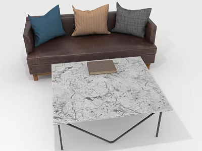 People Sitting On Brown Leather Sofa With Colorful Pillows And Marble Coffee Table 3d model