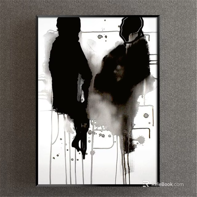 Abstract Painting Featuring Black Silhouette Figures on White Background with Ink Splatter Lines and Spots 3d model 