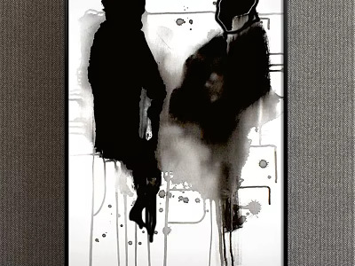 Abstract Painting Featuring Black Silhouette Figures on White Background with Ink Splatter Lines and Spots 3d model