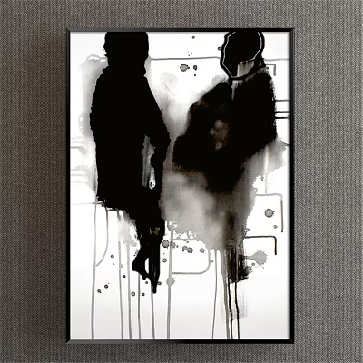 Abstract Painting Featuring Black Silhouette Figures on White Background with Ink Splatter Lines and Spots 3d model