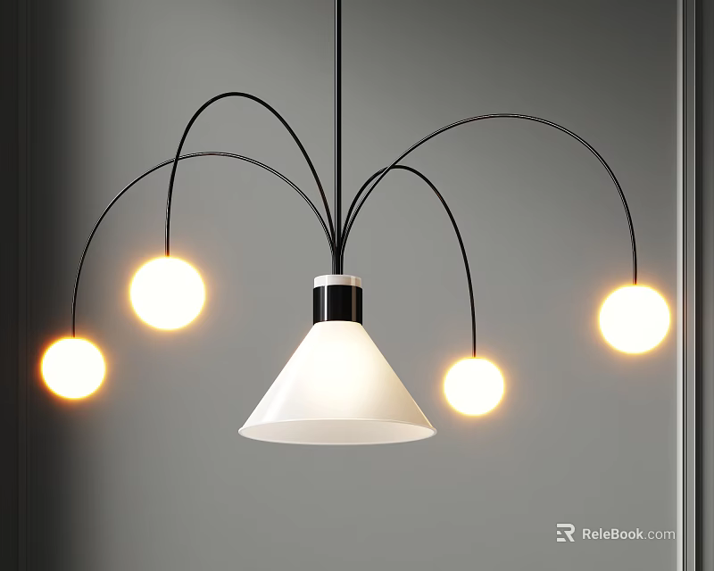Modern Chandelier With White Cone Shade Black Curved Arms And Illuminated Round Bulbs 3d model 