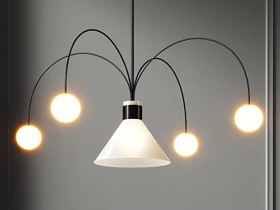 Modern Chandelier With White Cone Shade Black Curved Arms And Illuminated Round Bulbs 3d model