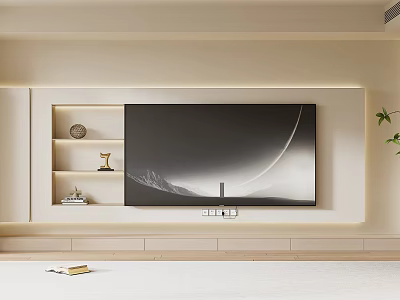 Modern TV Wall Design with Floating Shelves Decorative Items LED Lighting and Beige Finish 3d model