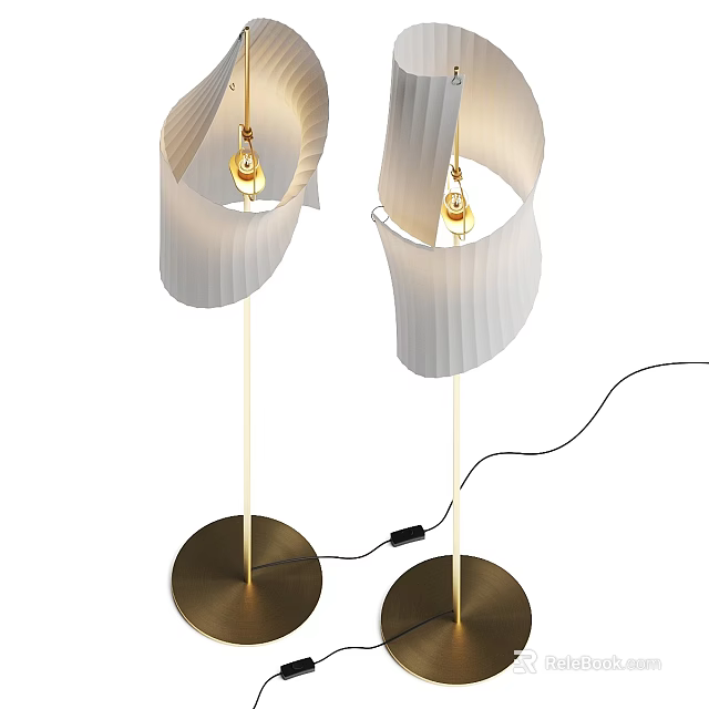 Two Modern Floor Lamps With White Pleated Shades And Golden Stand And Base 3d model 