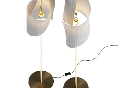 Two Modern Floor Lamps With White Pleated Shades And Golden Stand And Base 3d model