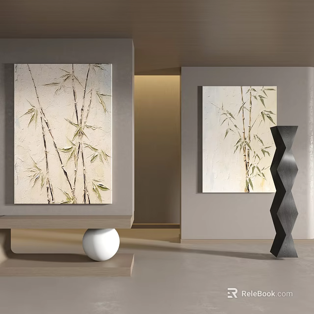 Bamboo Plant Paintings In Modern Interior Space 3d model