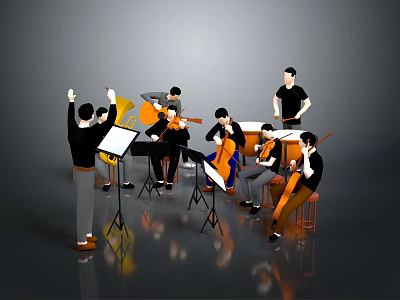Game and Movie Characters Performing as Classical Orchestra Musicians with Instruments 3d model