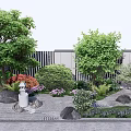 Lush Garden Bush with Green Trees Rocks Stone Lantern and Purple Flowers