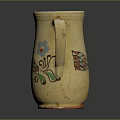 Decorative Beige Clay Jug With Hand Painted Floral And Feather Patterns 3d model
