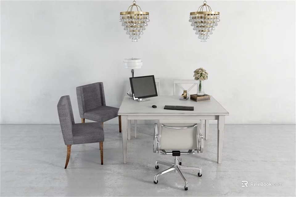 Modern Office Desk And Chairs Set With Laptop Lamp Vase And Chandeliers Interior 3d model 