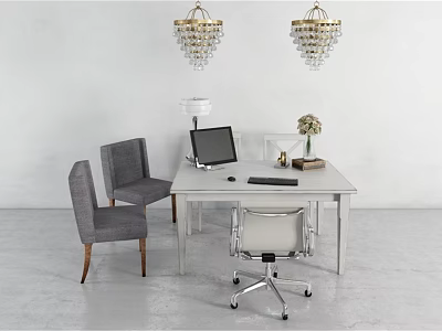 Modern Office Desk And Chairs Set With Laptop Lamp Vase And Chandeliers Interior 3d model