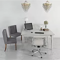 Modern Office Desk And Chairs Set With Laptop Lamp Vase And Chandeliers Interior