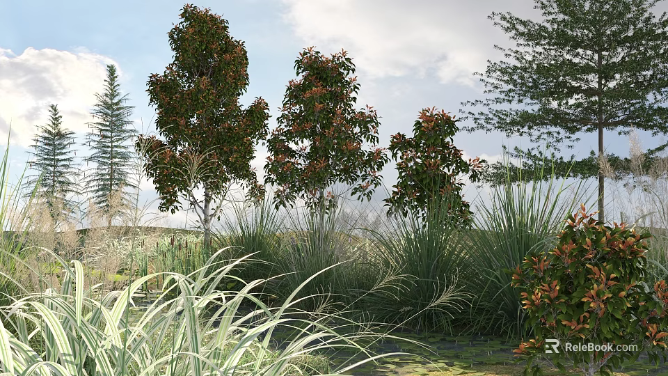 Healthy Arbor Trees Growing In Natural Garden With Tall Grasses And Pine Trees 3d model 