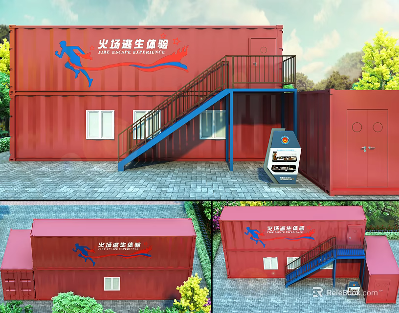 Red Container Emergency Shelter Building With Blue Stairs And Signage 3d model 