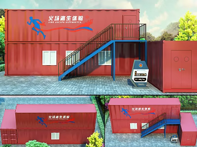 Red Container Emergency Shelter Building With Blue Stairs And Signage 3d model