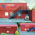 Red Container Emergency Shelter Building With Blue Stairs And Signage