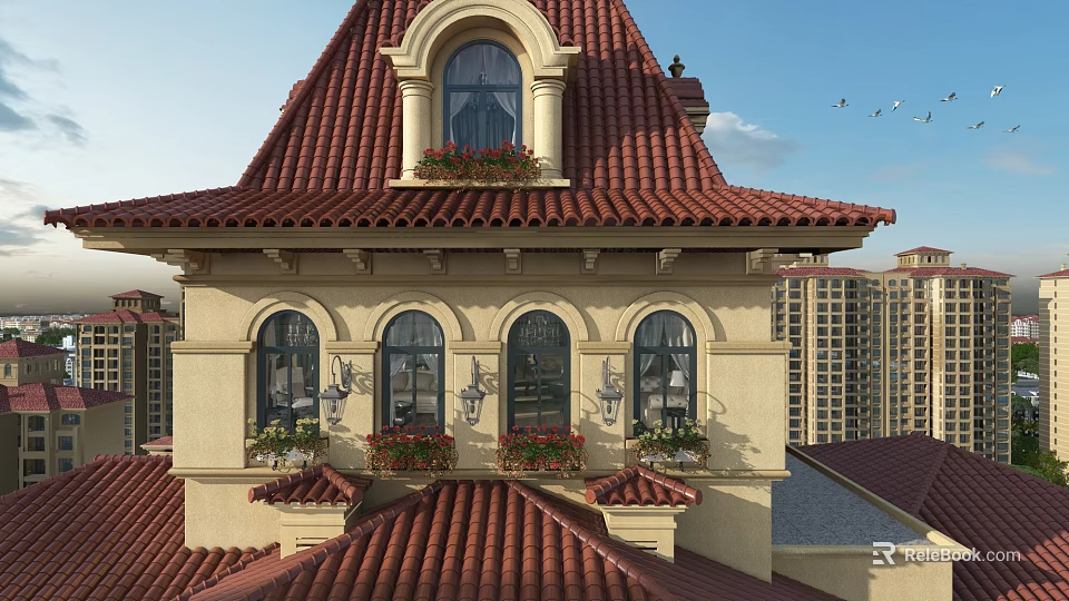 Classical Detached Villa With Red Tiled Roof And Arched Windows With Flower Pots 3d model 