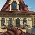 Classical Detached Villa With Red Tiled Roof And Arched Windows With Flower Pots