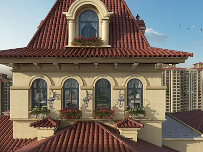 Classical Detached Villa With Red Tiled Roof And Arched Windows With Flower Pots 3d model