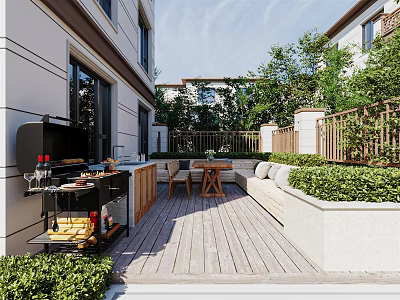 Serene Garden Landscape With Wooden Deck Outdoor Grill Area Tables Chairs And Lush Greenery 3d model