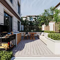 Serene Garden Landscape With Wooden Deck Outdoor Grill Area Tables Chairs And Lush Greenery