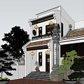 Traditional Ancient Building Exterior With White Walls Tile Roof Hanging Lanterns Stone Pillar And Greenery